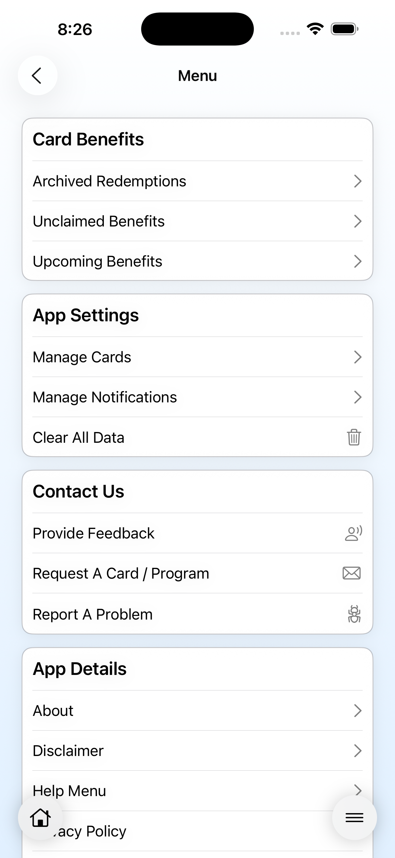 Screenshot of the My Perks Menu page