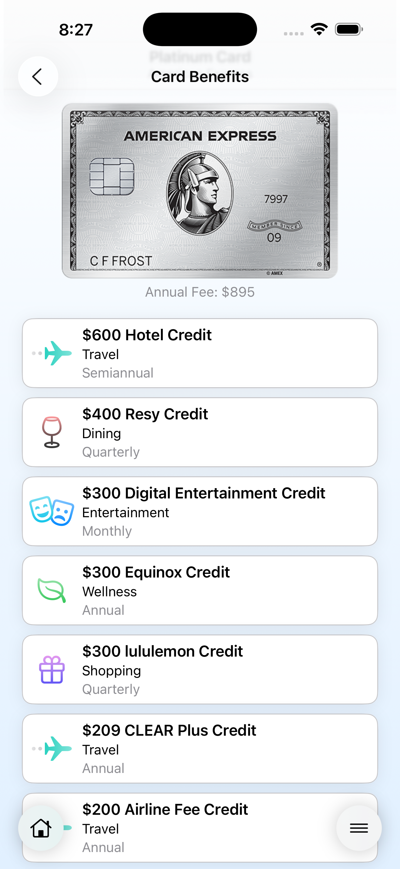 Screenshot of the My Perks Card Details page