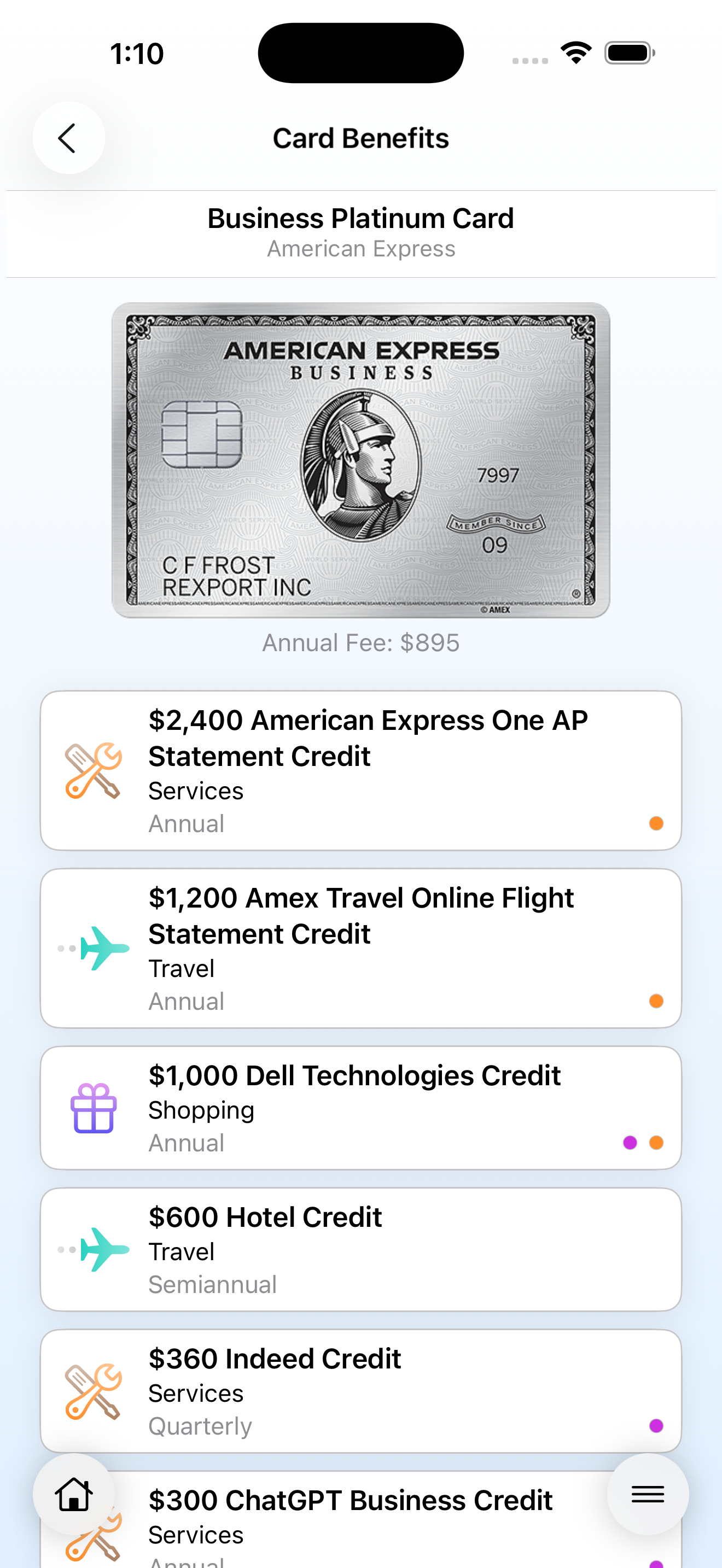 Screenshot of the My Perks Card Details page